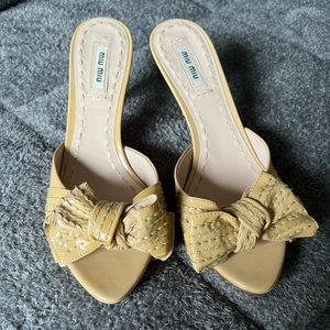 Miu Miu patent leather cream bow backless heel sandals